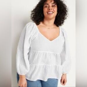 Old Navy Tiered White Seersucker Long-Sleeve Swing Top